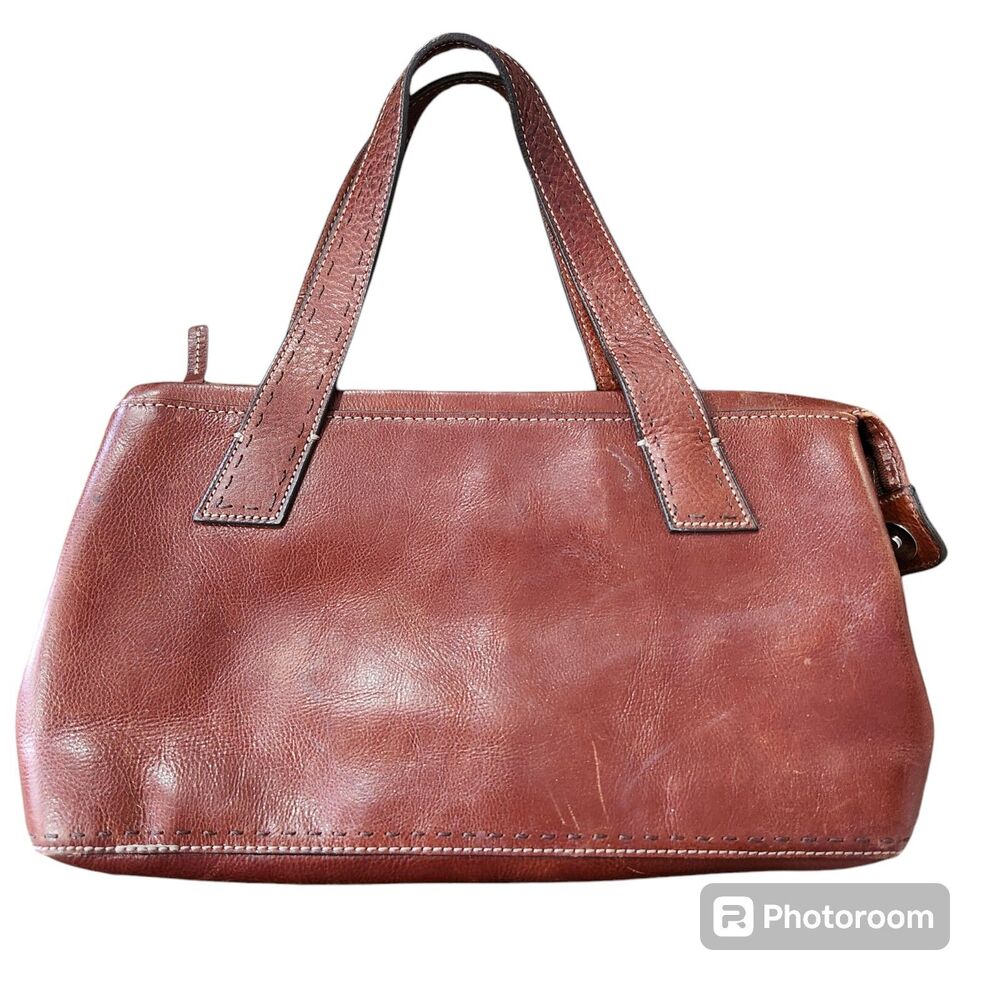 Fossil Dark Cognac‎ Sedona Saddle Leather Stitching Accent Handbag Vintage Y2K